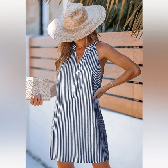 NWT XL Cupshe Navy and White Sleeveless Striped Dress - Picture 1 of 6